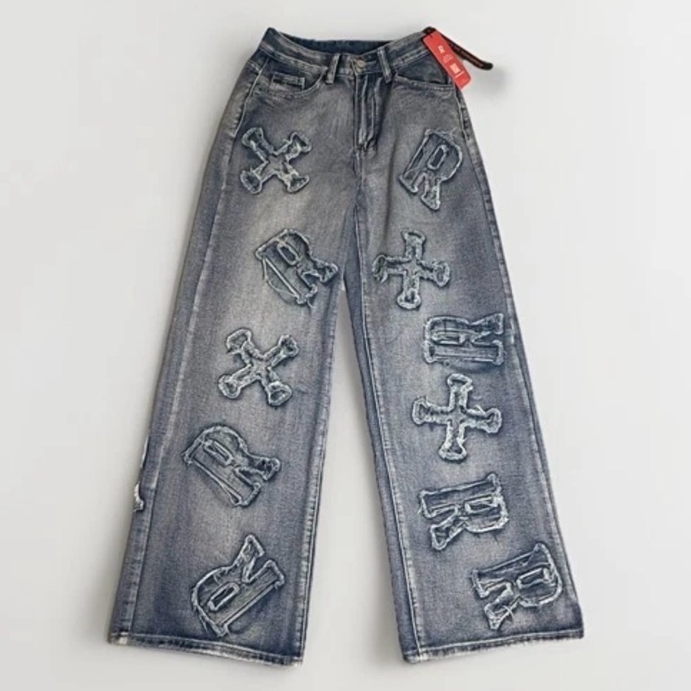 ROWME JEANS Patched Grunge Punk Letter Pattern Distressed Wide Leg Baggy 2 XS - Picture 2 of 11